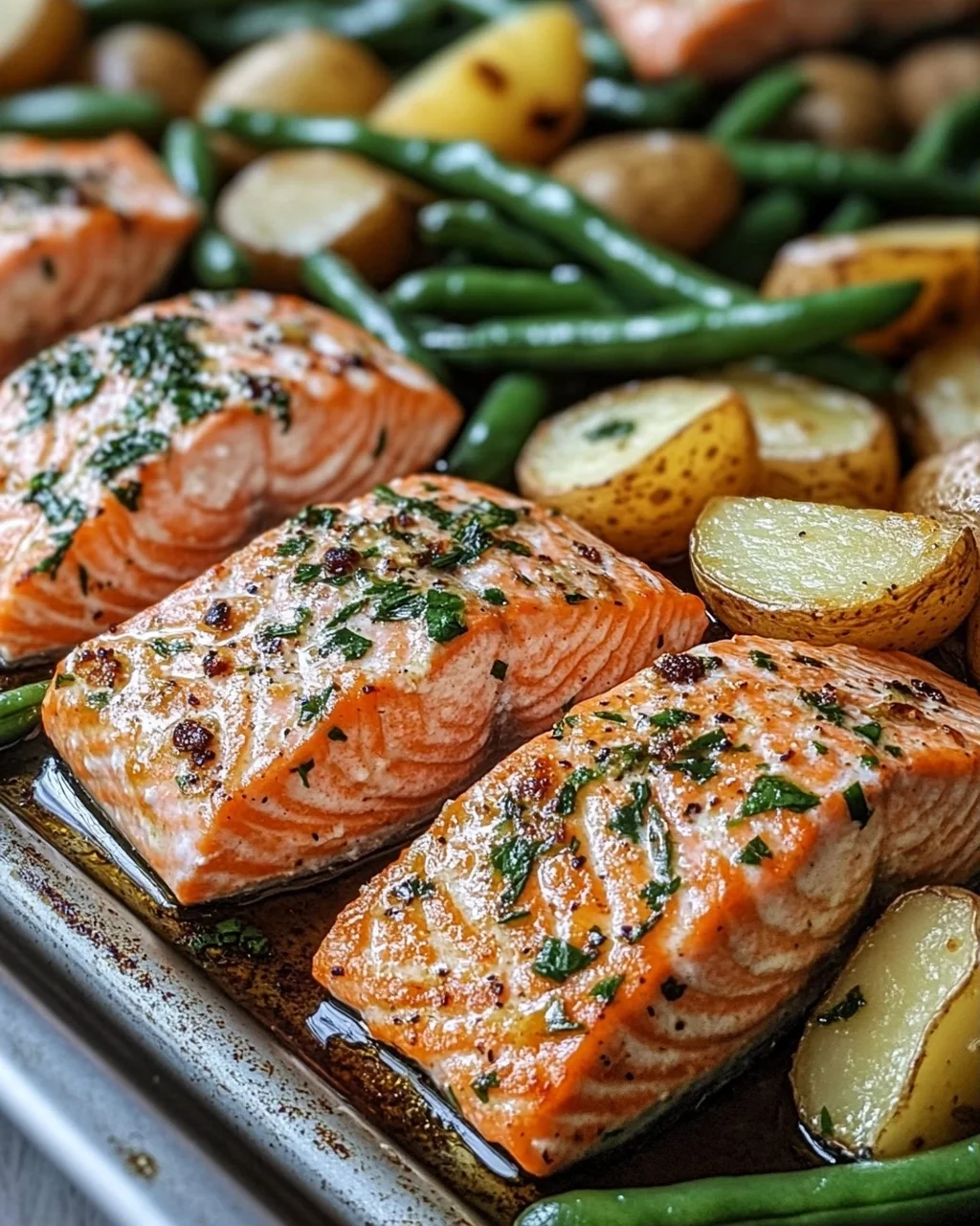 Einfaches Blechlachs Rezept mit grünen Bohnen und Kartoffeln