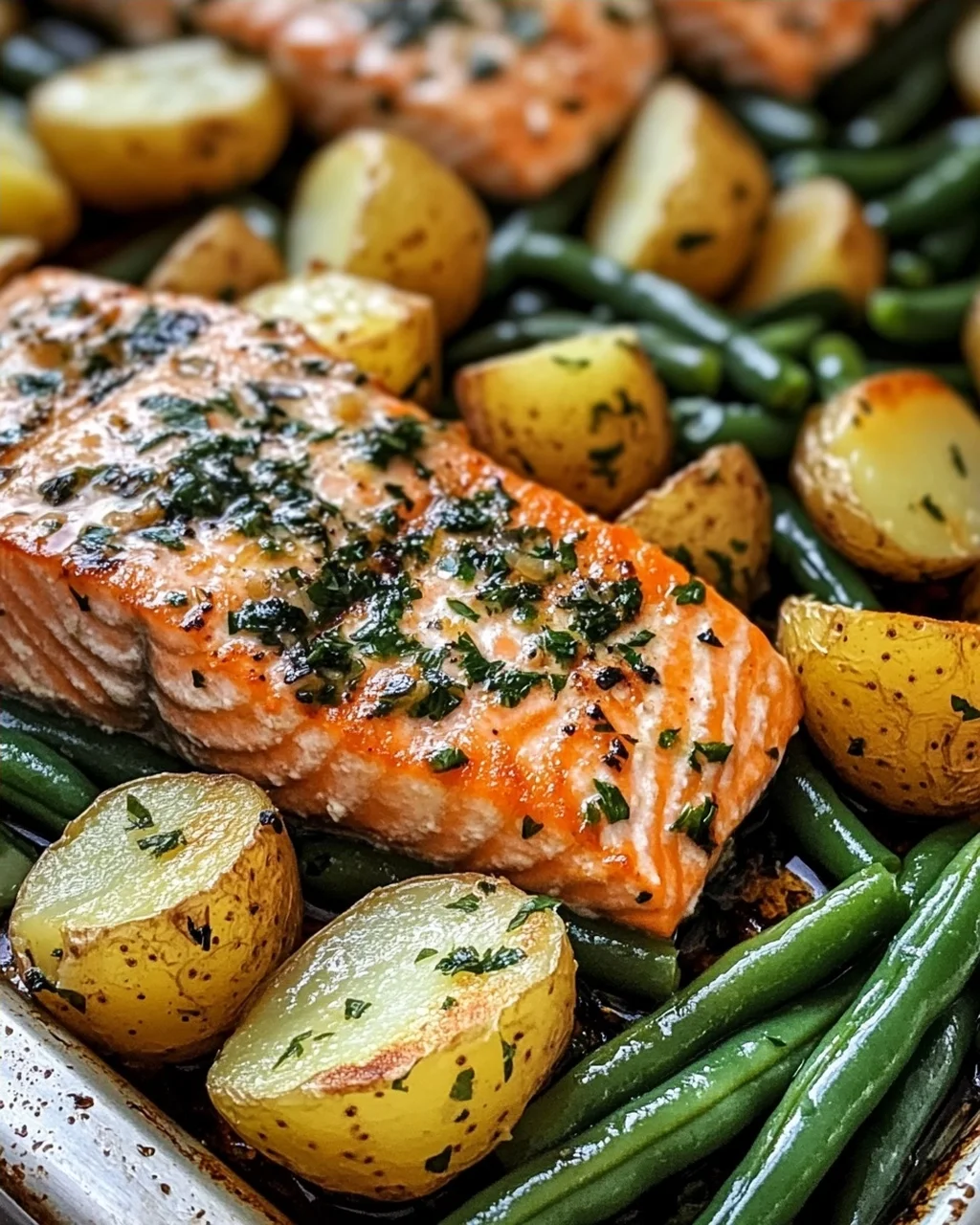 Einfaches Blechlachs Rezept mit grünen Bohnen und Kartoffeln