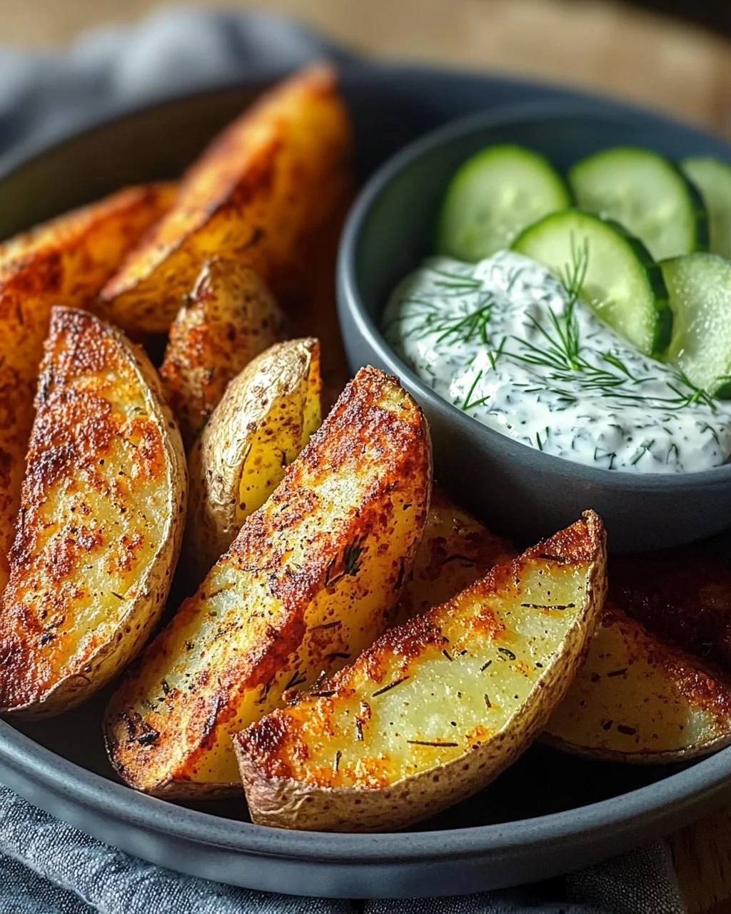 Kartoffelspalten mit Gurkendip