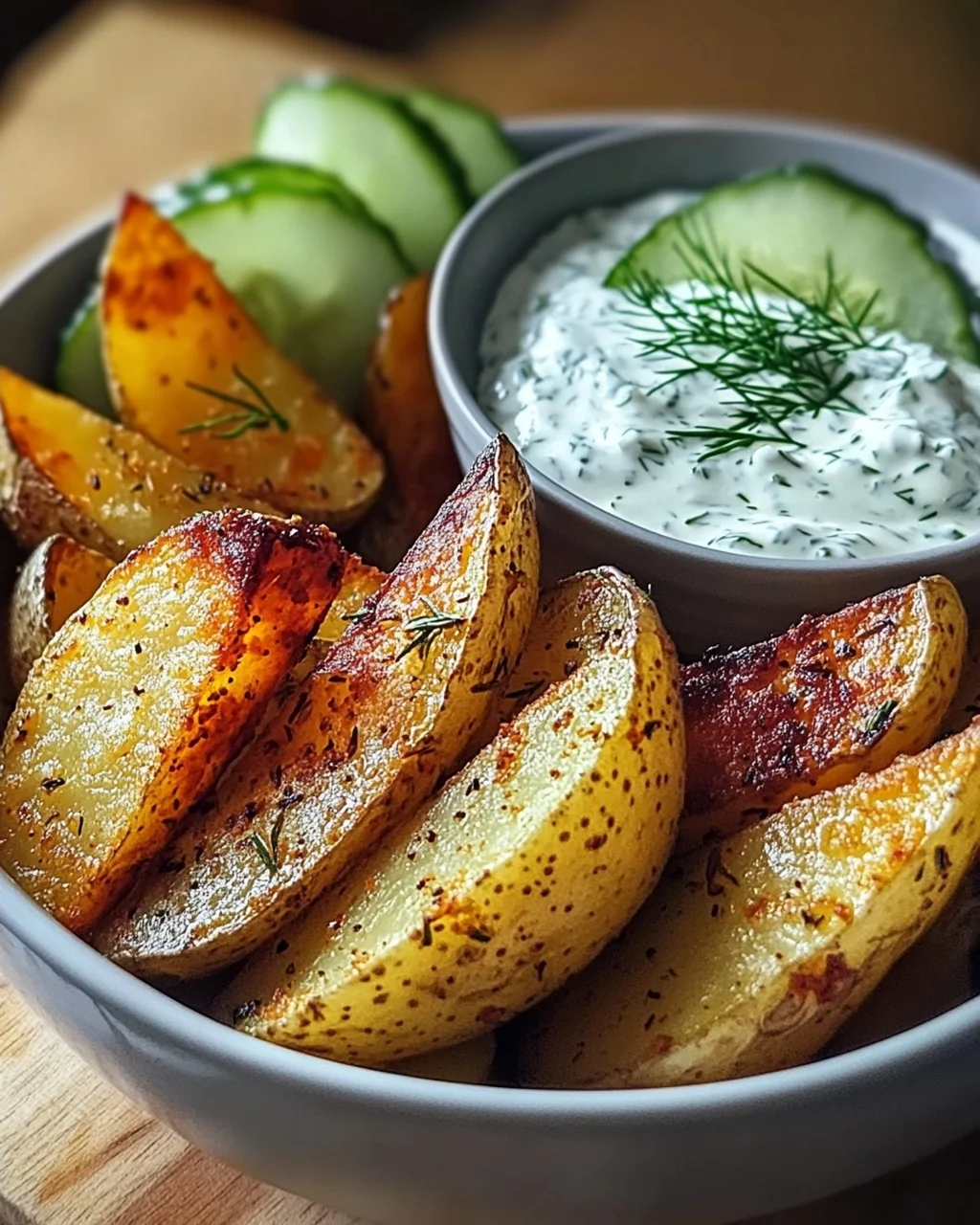 Kartoffelspalten mit Gurkendip
