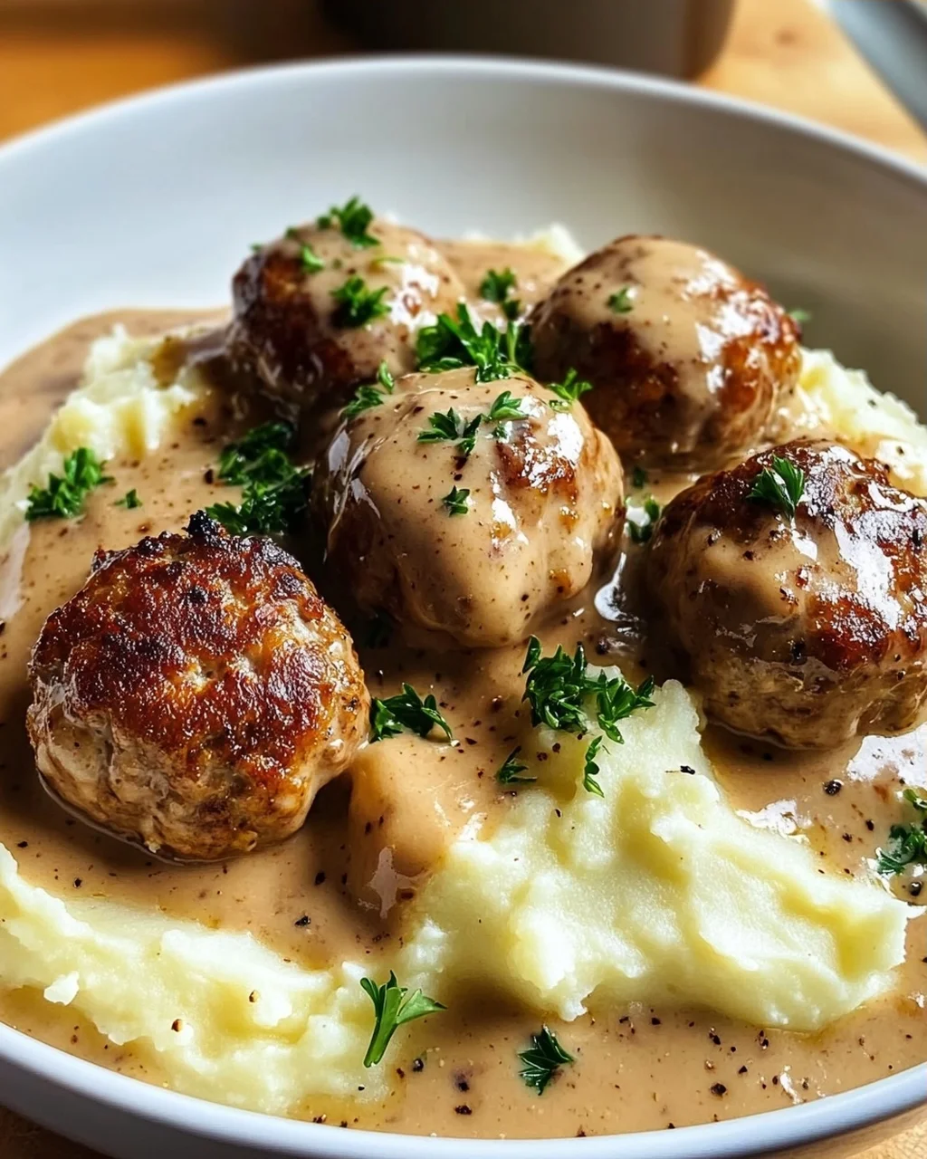 Saftige Hackbällchen in Rahmsauce & cremigem Kartoffelpüree