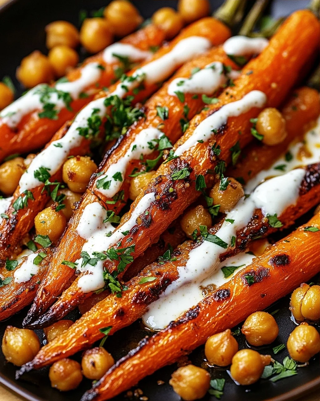 Spicy Maple-Roasted Carrots with Crispy Chickpeas and Yogurt Sauce