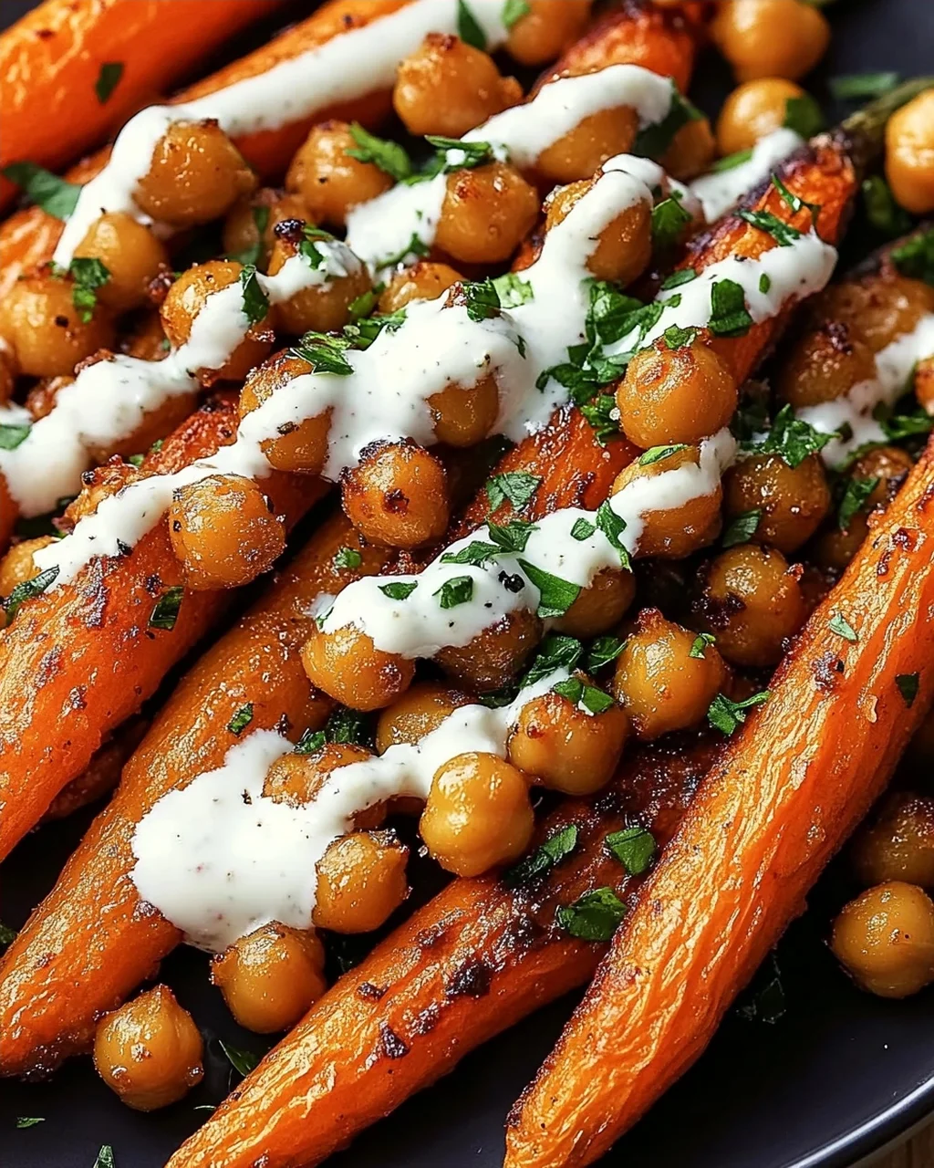 Spicy Maple-Roasted Carrots with Crispy Chickpeas and Yogurt Sauce