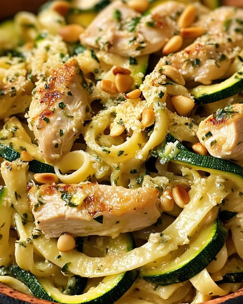 Zucchini Parmesan Pasta mit Hähnchen und Pinienkernen