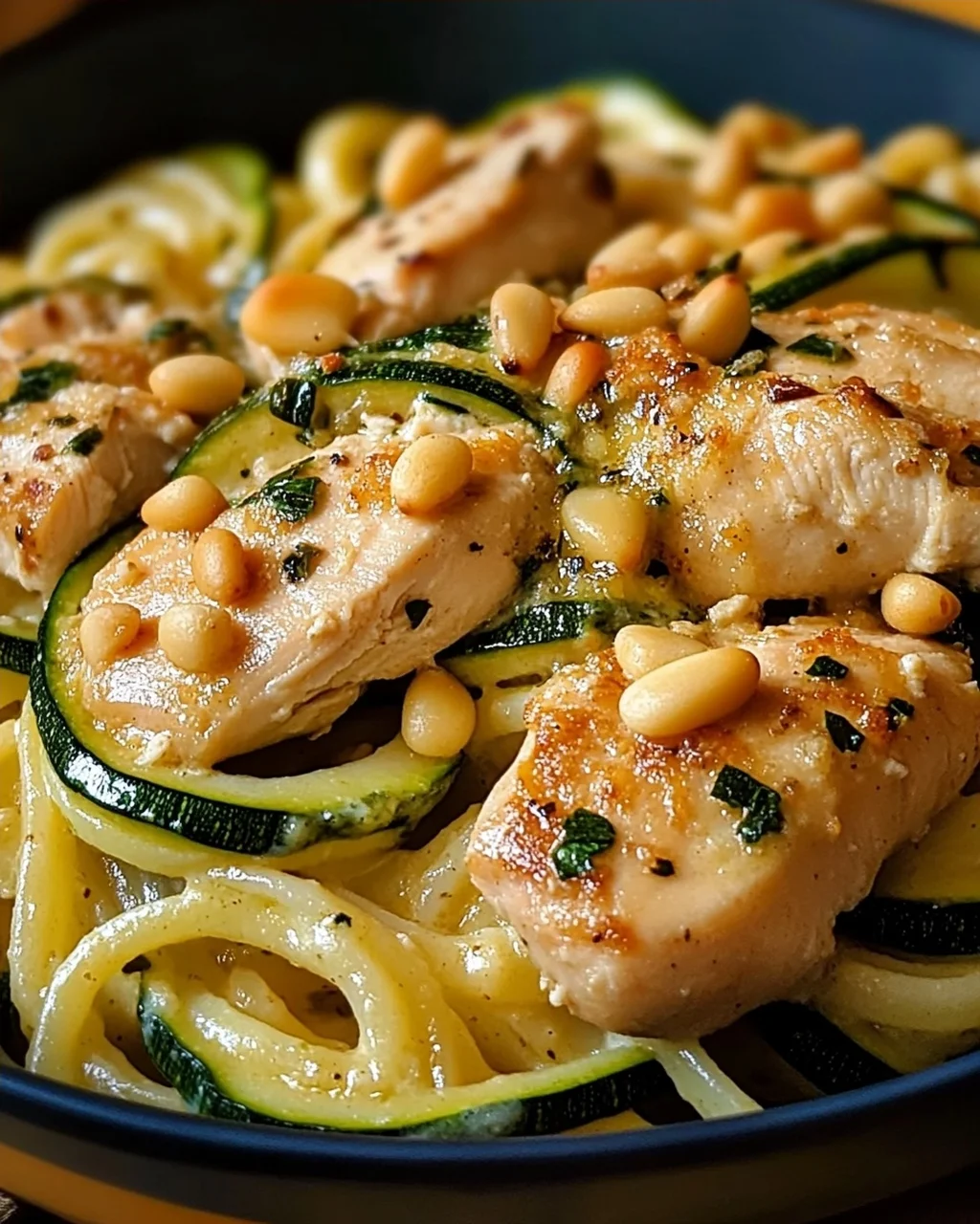 Zucchini Parmesan Pasta mit Hähnchen und Pinienkernen